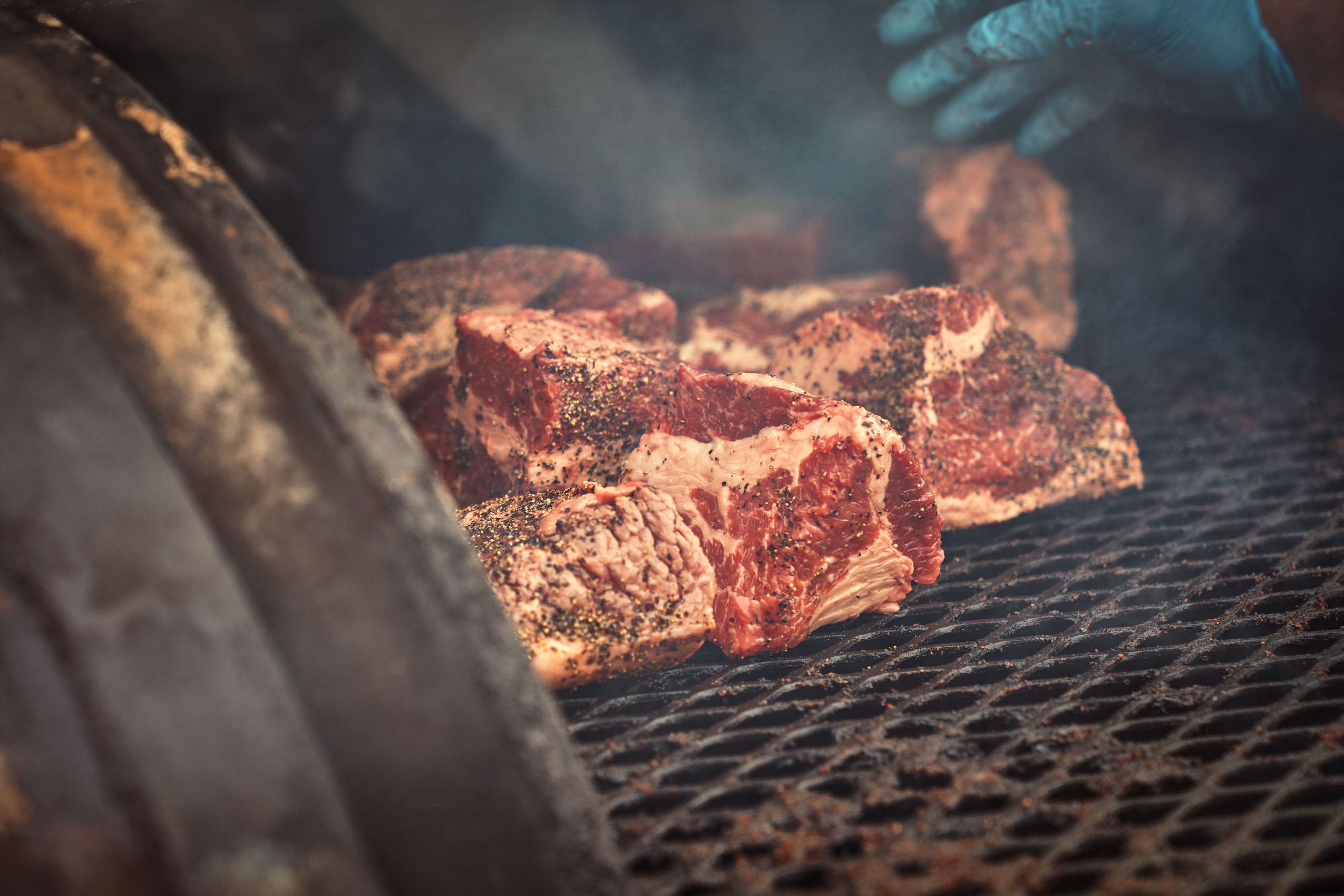 Meat on the smoker at Southern Junction BBQ in Buffalo NY